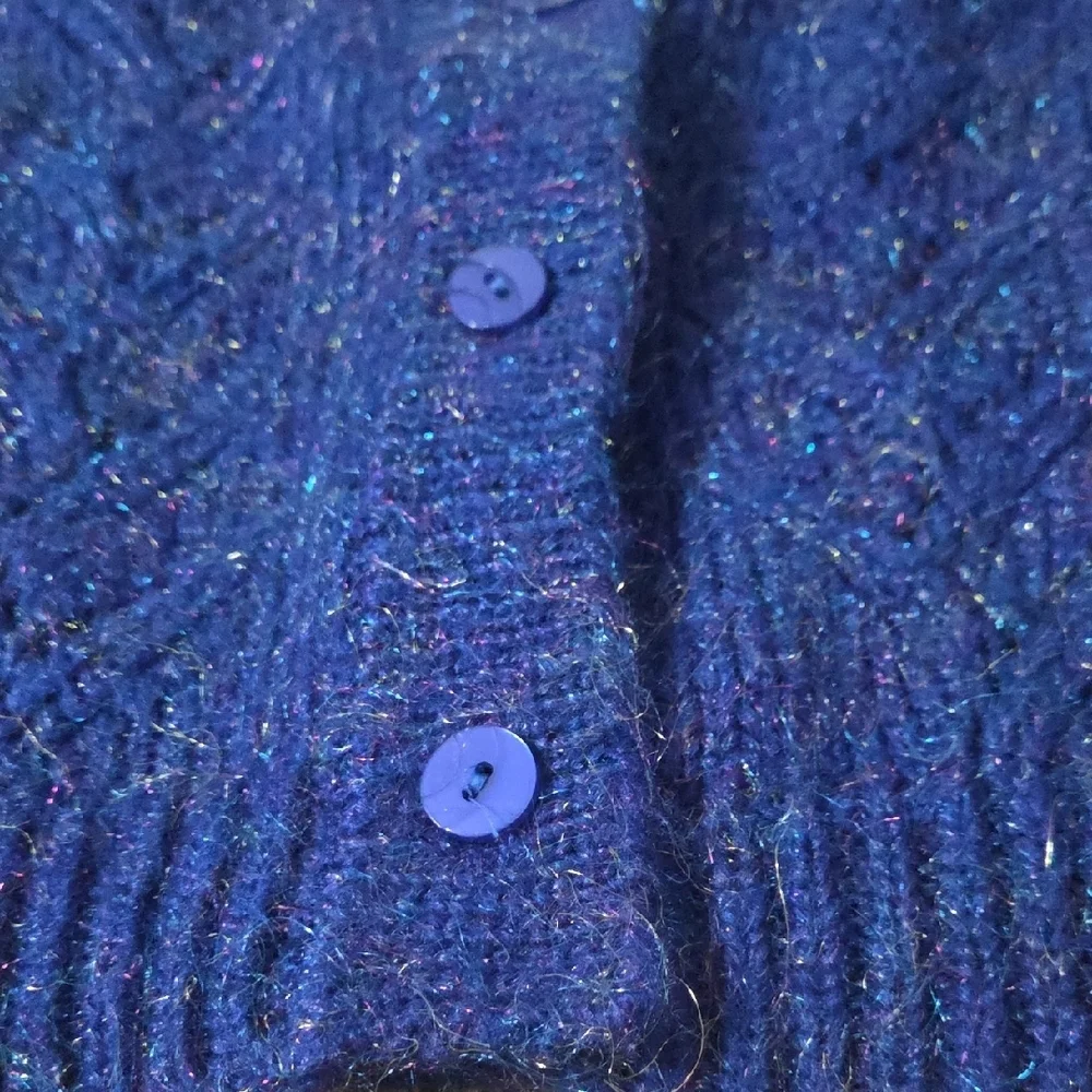 Vintage 70s Metallic Knit Sweater Vest Cardigan Blue M